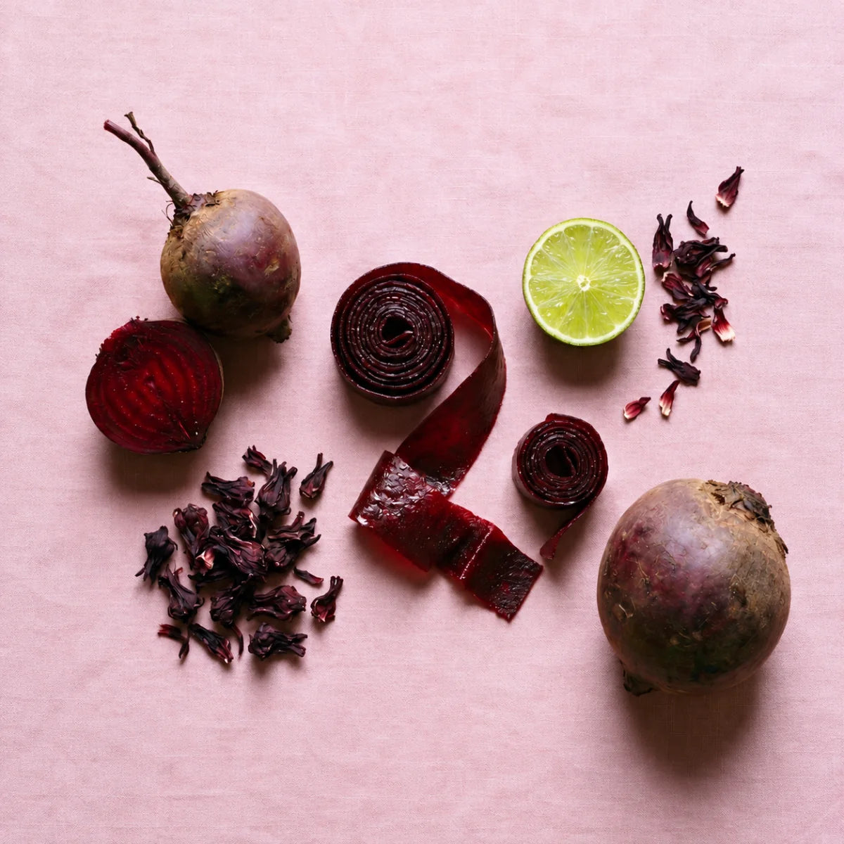 Beet Karkade — Sahrawi fruit rolls with matching ingredients