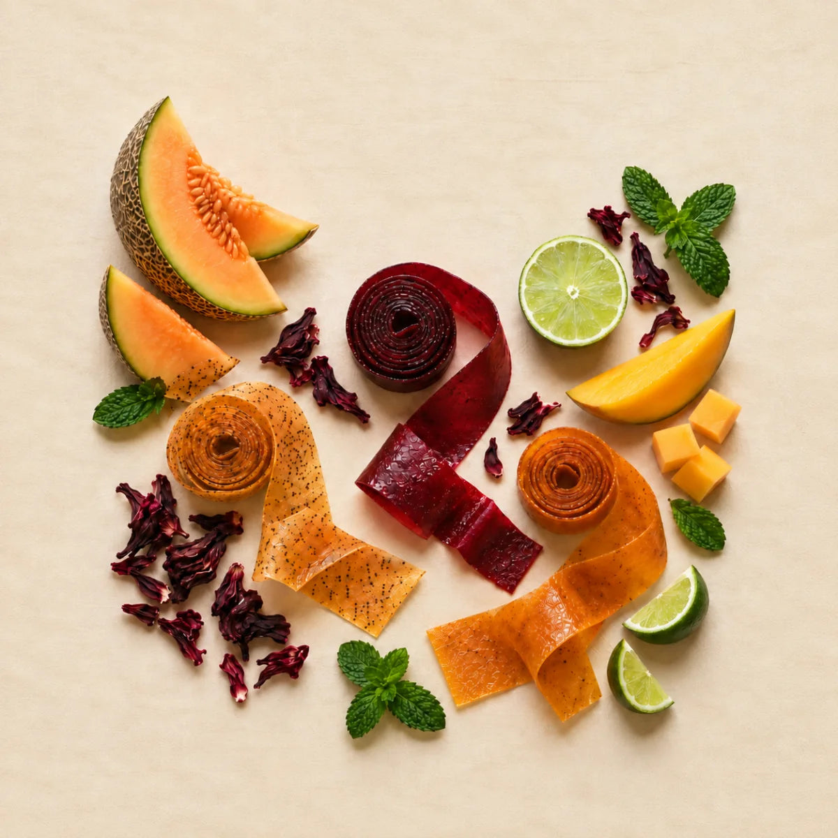 Mango Lime, Beet Karkade and Melon Mint fruit rolls arranged together without packaging