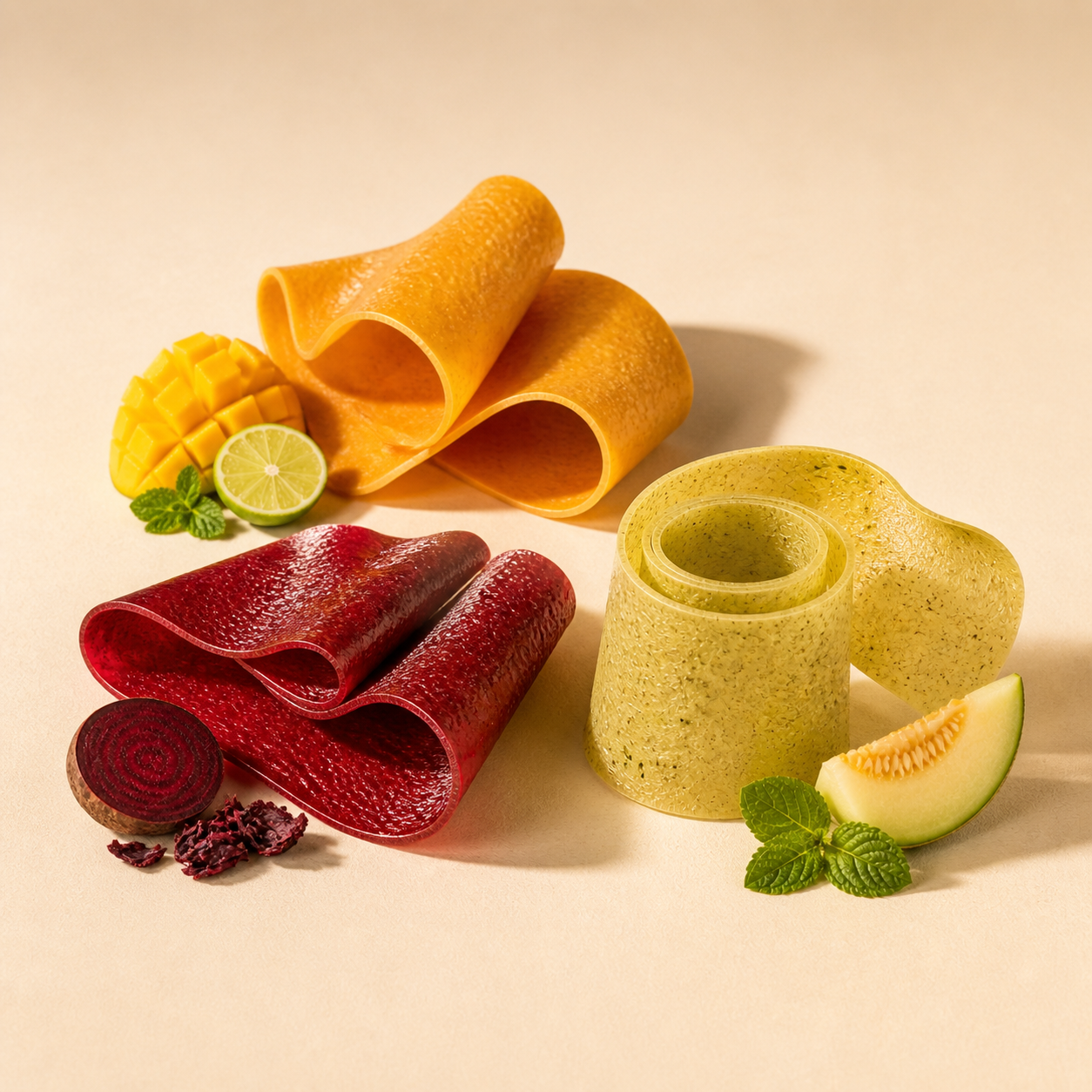 Mango Lime, Beet Karkade and Melon Mint fruit rolls arranged together without packaging
